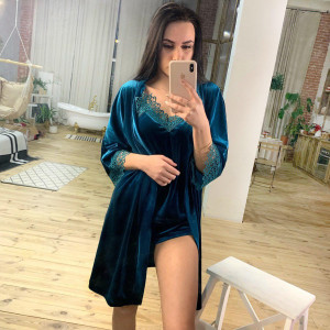 Пижама женская комплект халат+ пижама с кружевом. Модель 0311-2