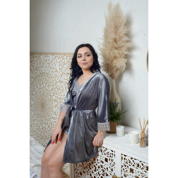 Бархатный комплект пижама+халат +шорты  031-1