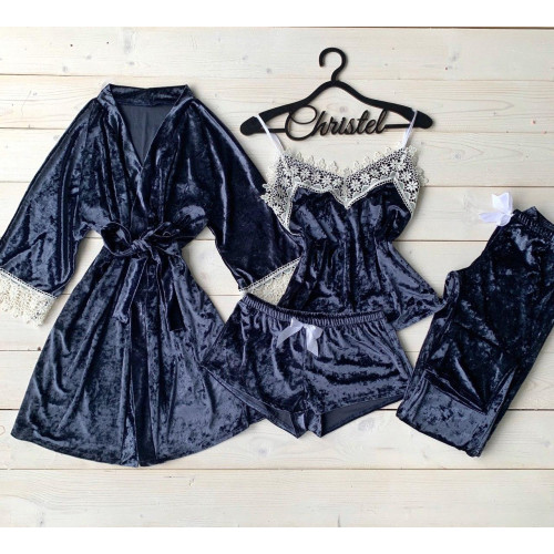 Бархатный набор (Халат+штаны+майка+шорты)  Модель  072-3