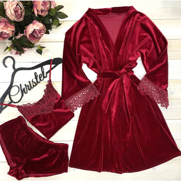 Бархатный комплект халат+ пижама с кружевом| Модель 0311-1