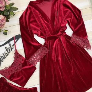 Пижама женская комплект халат+ пижама с кружевом. Модель 0311-1