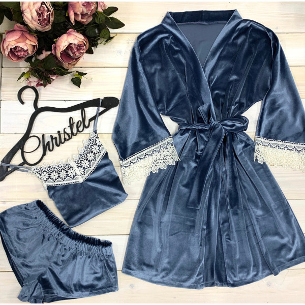 Бархатный комплект халат+ пижама с кружевом| Модель 0311-3