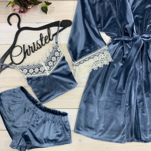 Пижама женская комплект халат+ пижама с кружевом. Модель 0311-3