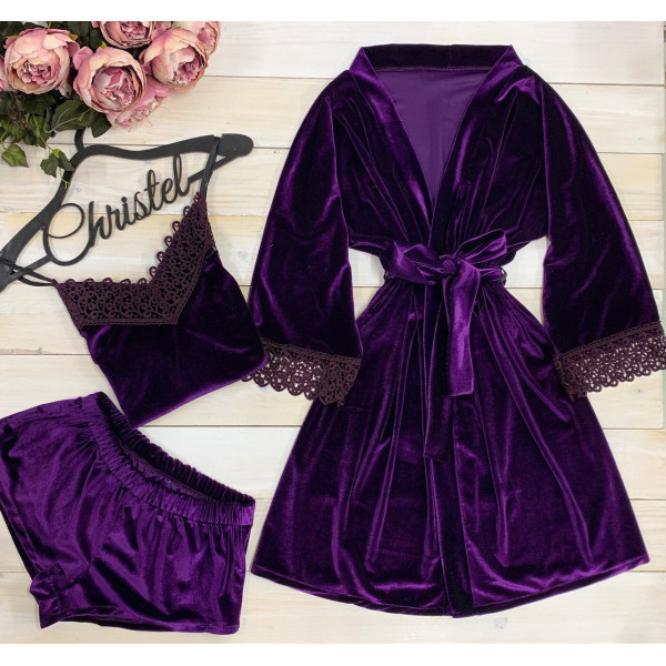 Бархатный комплект халат+ пижама с кружевом|| Модель 0311-7